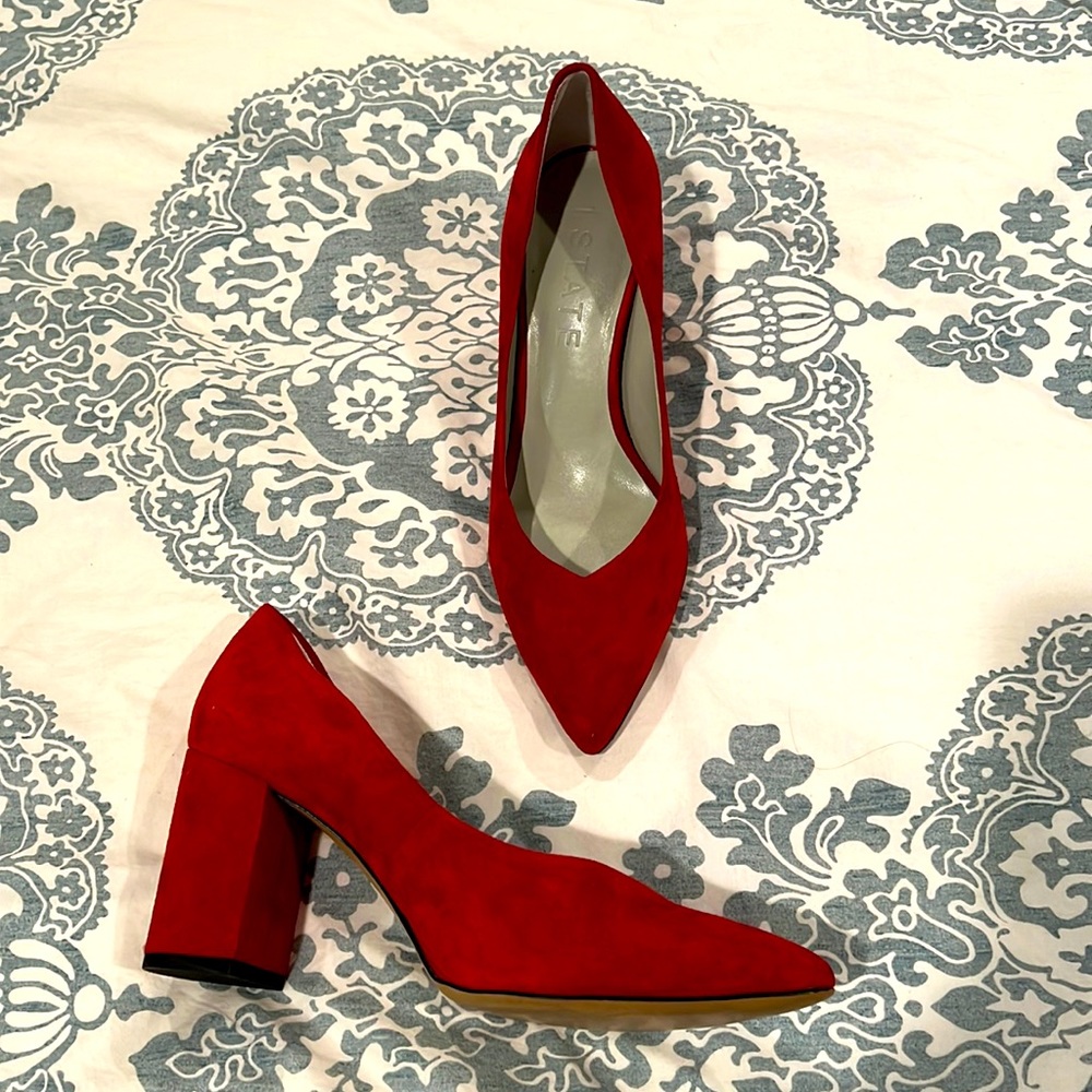 1. State red suede shoes
